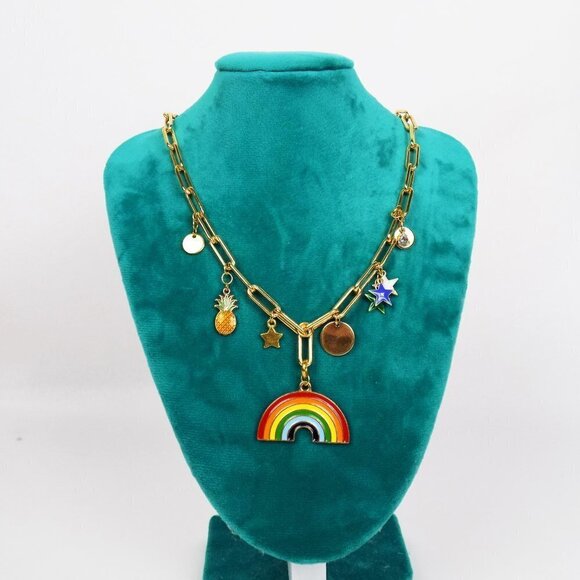 new! charm necklace paperclip link chain with enamel charms rainbow stars - Picture 4 of 5